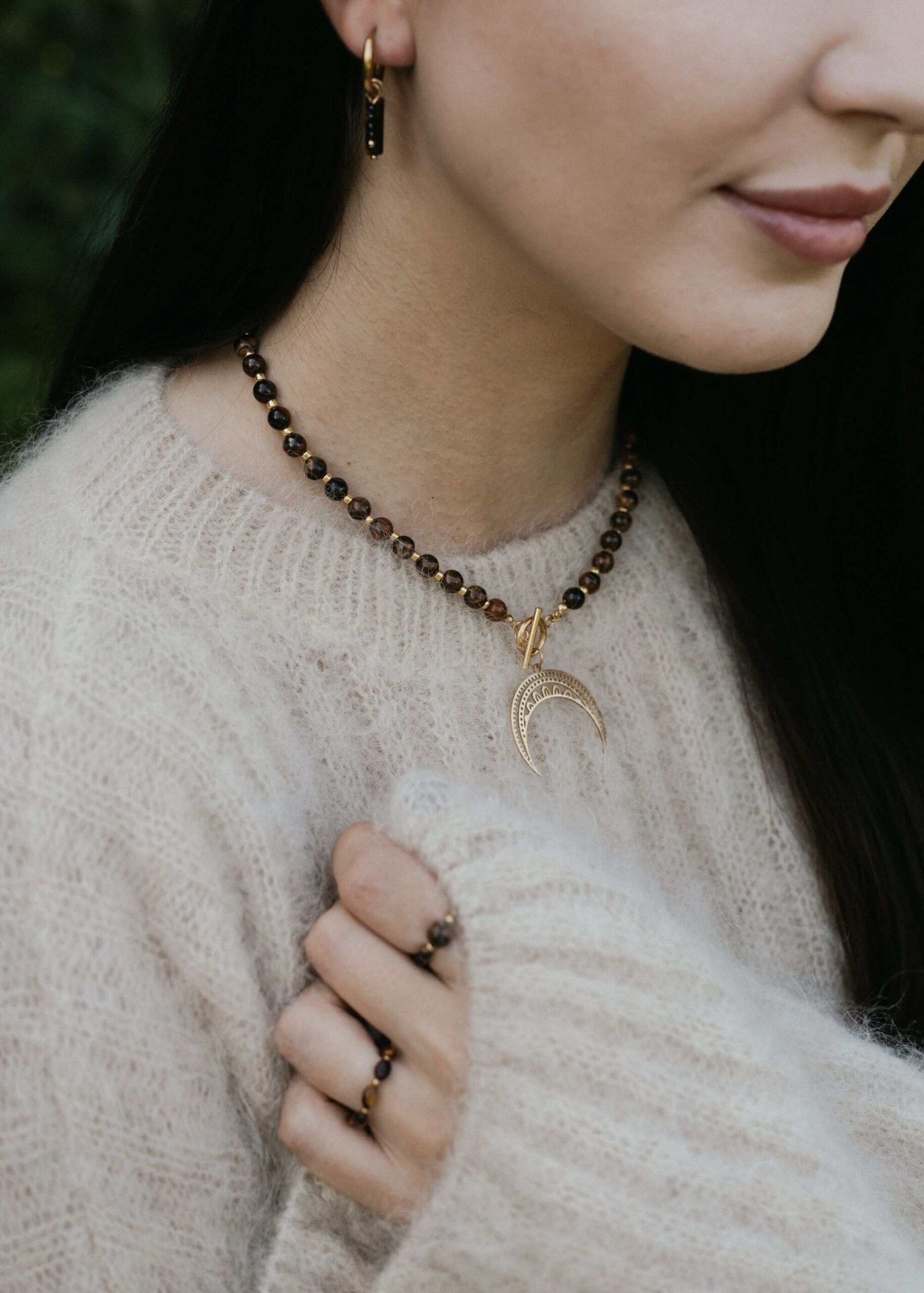 naszyjnik z kamieniem naturalnym tygrysie oko naszyjnik lunula